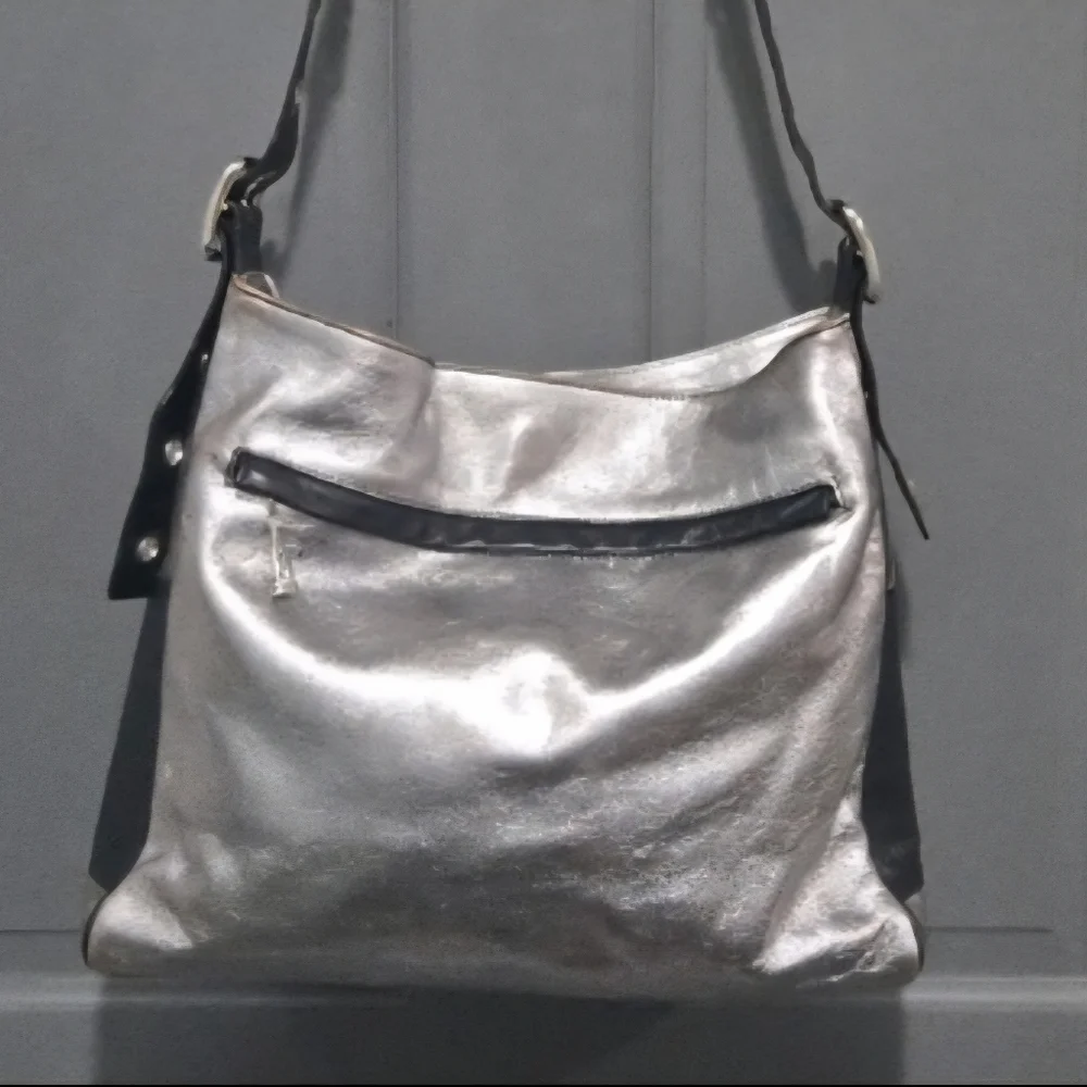 Silver and Black Leather Hobo Bag Purse